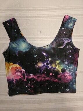 Galaxy-Print Cropped Camisole Tank Top - Black with Purple & Pink Accents